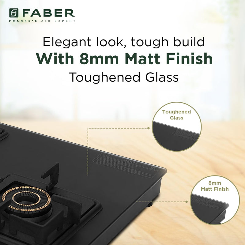Faber 3 Burner 77Cm Cooktop |Auto Ignition| |Metal Knobs| MS Diamond Coated Pan Support | Matt Black Glass Finish |5 Yrs