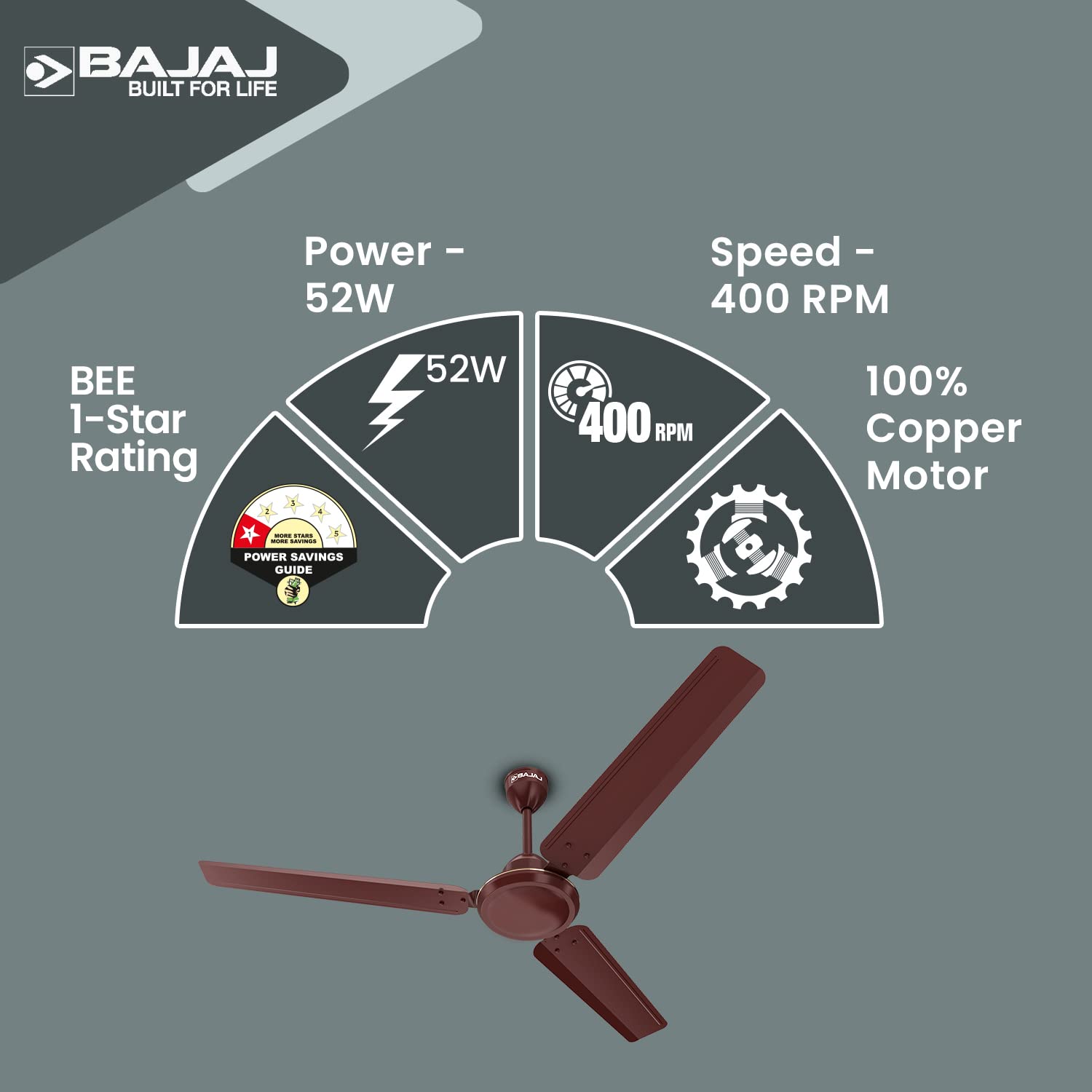 Bajaj Durato 12S1 1200MM (48") Ceiling Fans For Home | Bee Star Rated Energy Efficient Ceiling Fan | ThermaTuff Technology | High Air Delivery & High Speed 400 RPM | 3-Yrs Warranty 【Brown】