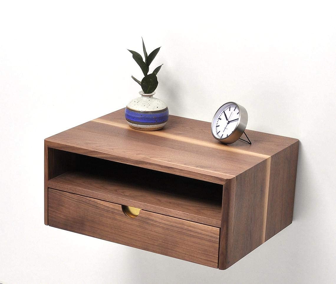 Solid Walnut Floating nightstand with Drawer and Shelf, mid Century Bedside Table, mid Century Modern End Table