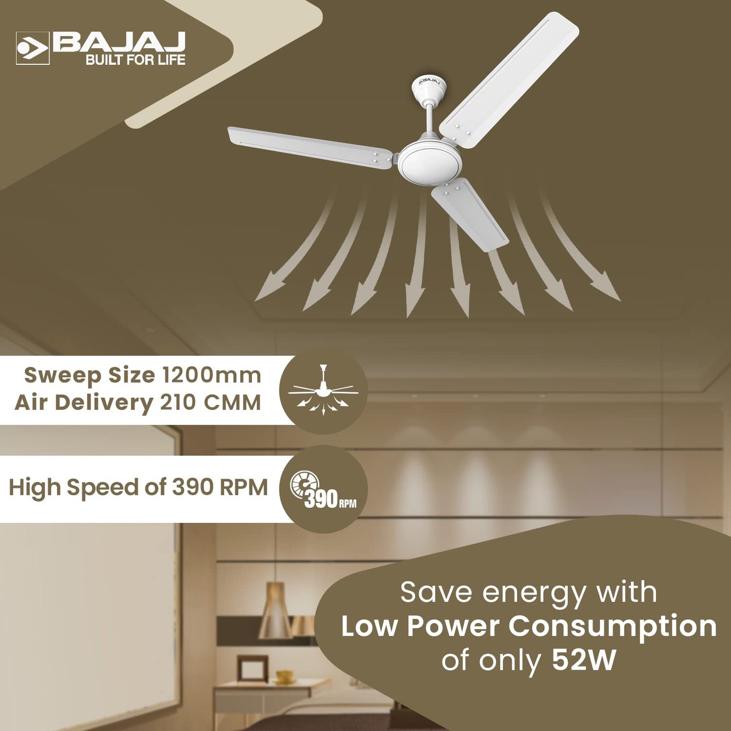 Bajaj Frore 1200 MM (48") Stars Rated Ceiling Fans for Home | BEE 1 star Rated Energy Efficient Ceiling Fan | Rust Free Coating for Long Life | High Air Delivery | 2-Yr Warranty 【White】