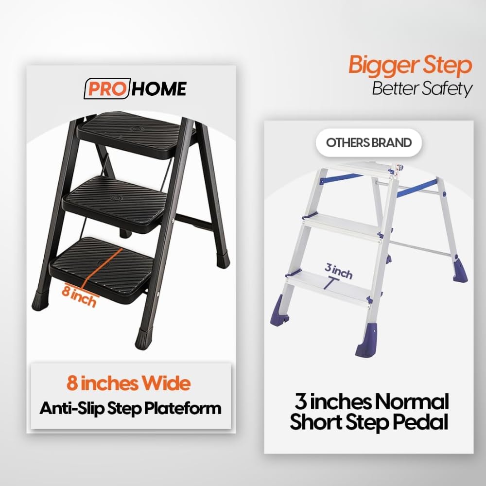 PROHOME Steel Ladder for Home 3 Steps Foldable with Anti-Skid Wide Steps (30cm x 20cm) | 3 Step Ladder for Home Use with D-Shape Rods | Secure Lock | 170 Kg Capacity Folding Ladder | 5 Year Warranty
