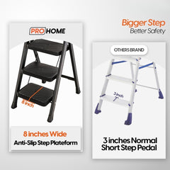PROHOME Steel Ladder for Home 3 Steps Foldable with Anti-Skid Wide Steps (30cm x 20cm) | 3 Step Ladder for Home Use with D-Shape Rods | Secure Lock | 170 Kg Capacity Folding Ladder | 5 Year Warranty