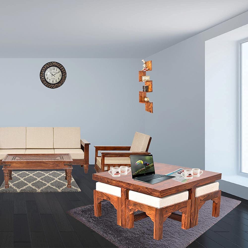 Solid Sheesham Coffee Table 4 Seater with Four Stool for Living Room Center Coffee Table for Bedroom,Cafe, Home