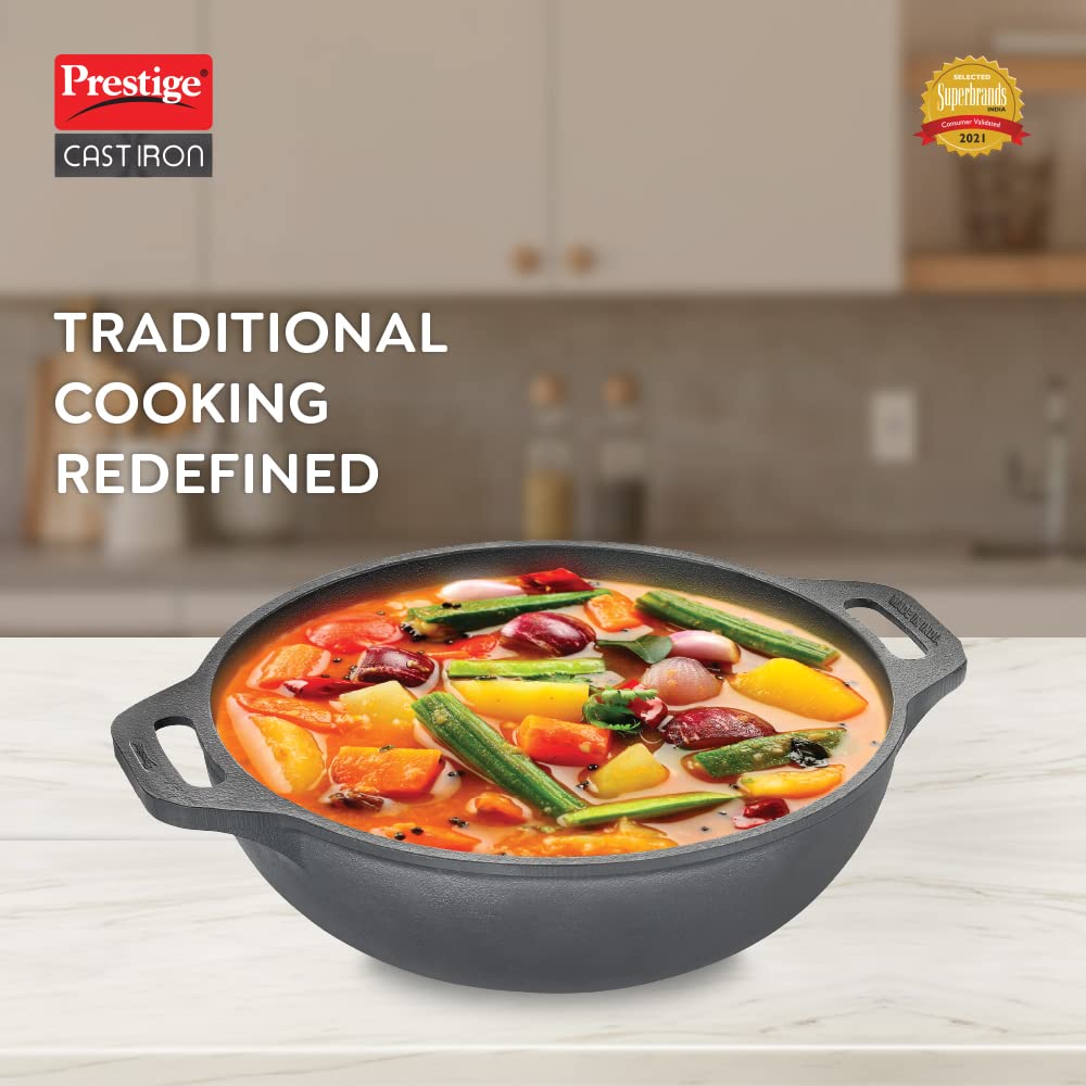 Prestige Cast Iron Kadai(26cm)|Even Heat Distribution|Scratch Resistant|Compatible with Gas & Induction|Retains Heat for Long|10 Years Warranty