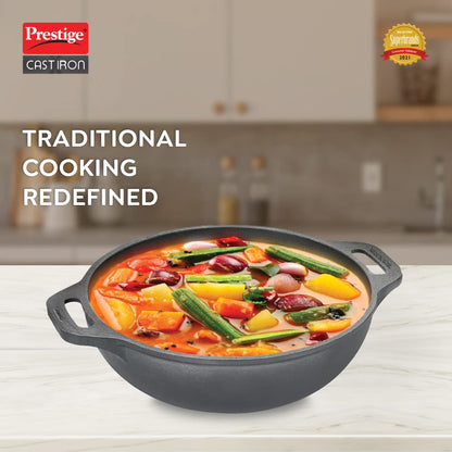 Prestige Cast Iron Kadai(26cm)|Even Heat Distribution|Scratch Resistant|Compatible with Gas & Induction|Retains Heat for Long|10 Years Warranty