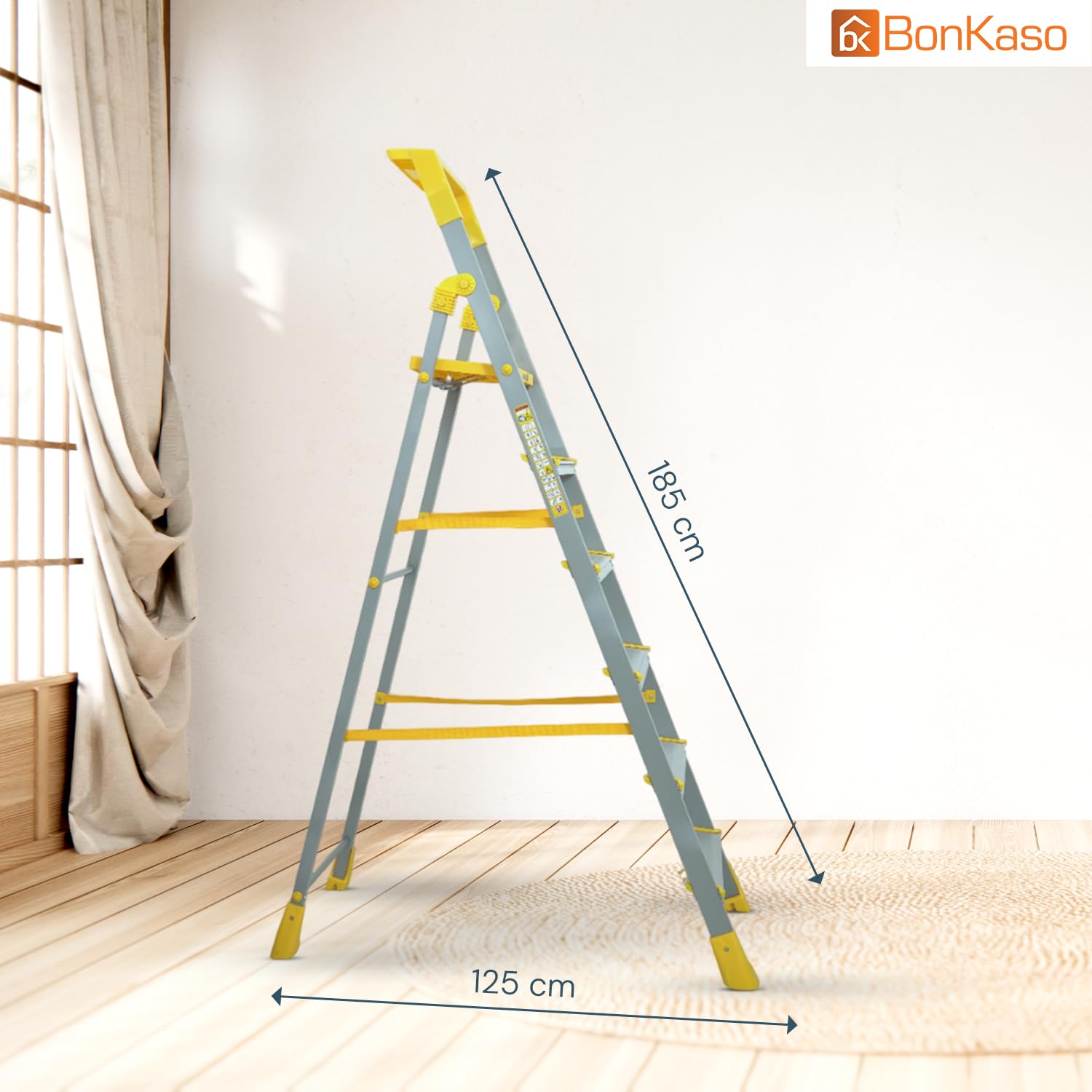 BonKaso Climb Lite Pro+ 6 Step - Foldable Ladder with Tool Tray (125W x 185H Cm)| Heavy-Duty, Anti-Slip & Firm Grip, Load Capacity Upto 120kg | Durable & Portable (Aluminium Steps, Yellow & Satin)