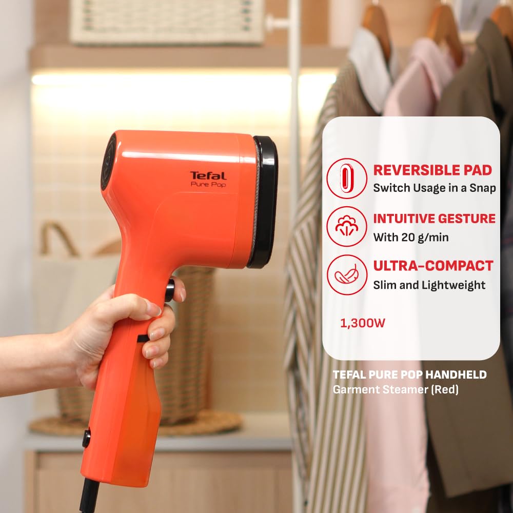 Tefal Pure Pop Handheld Garment Steamer | 1300W | Compact, Convenient Vertical Steaming | Reversible Pad | 2m Cable | 20g/min Steam | 15-sec Heat-Up | Red | No.1 Ironing Brand in Europe
