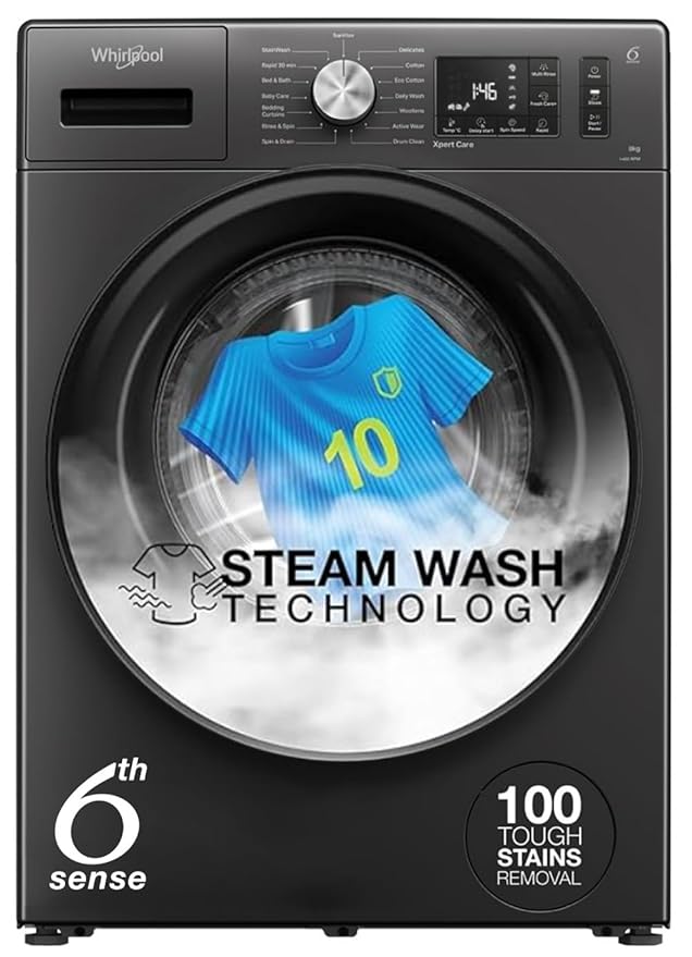 Whirlpool 8 Kg 5 Star Inverter Supreme Care Front Load Fully Automatic Washing Machine with In-Built Heater (XS8014BWME, MidNight Grey, Steam Technology, 100+ Tough Stains, 6th Sense Soft Move)