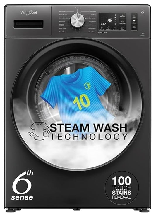 Whirlpool 8 Kg 5 Star Inverter Supreme Care Front Load Fully Automatic Washing Machine with In-Built Heater (XS8014BWME, MidNight Grey, Steam Technology, 100+ Tough Stains, 6th Sense Soft Move)
