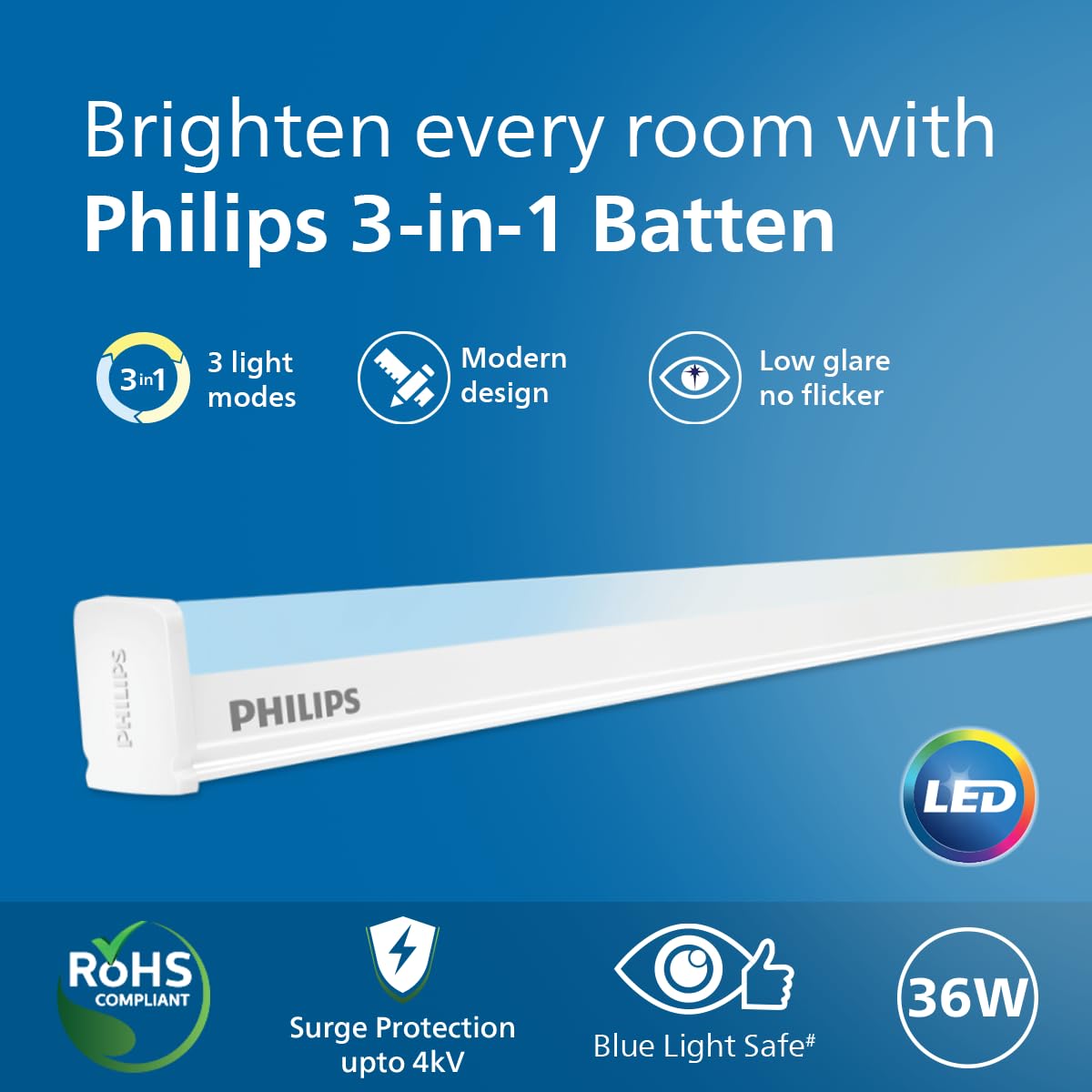 Philips 36W 3-in-1 Colour Changing LED Batten 4 Ft