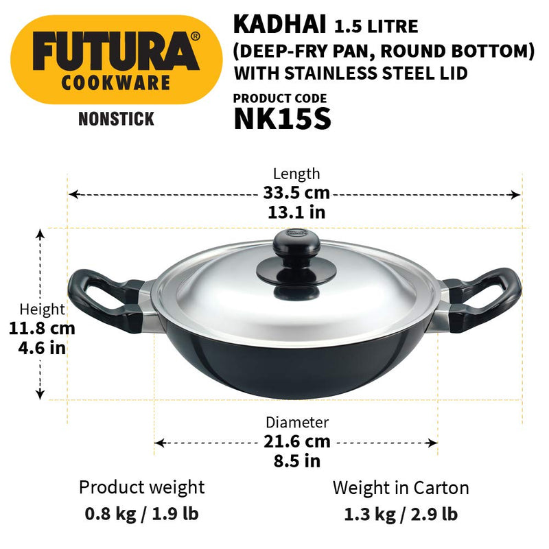 Hawkins Futura 1.5 Litre Deep Fry Pan, Non Stick Kadai with Stainless Steel Lid, Round Bottom Kadhai, Small Non Stick Kadai, Black (NK15S)