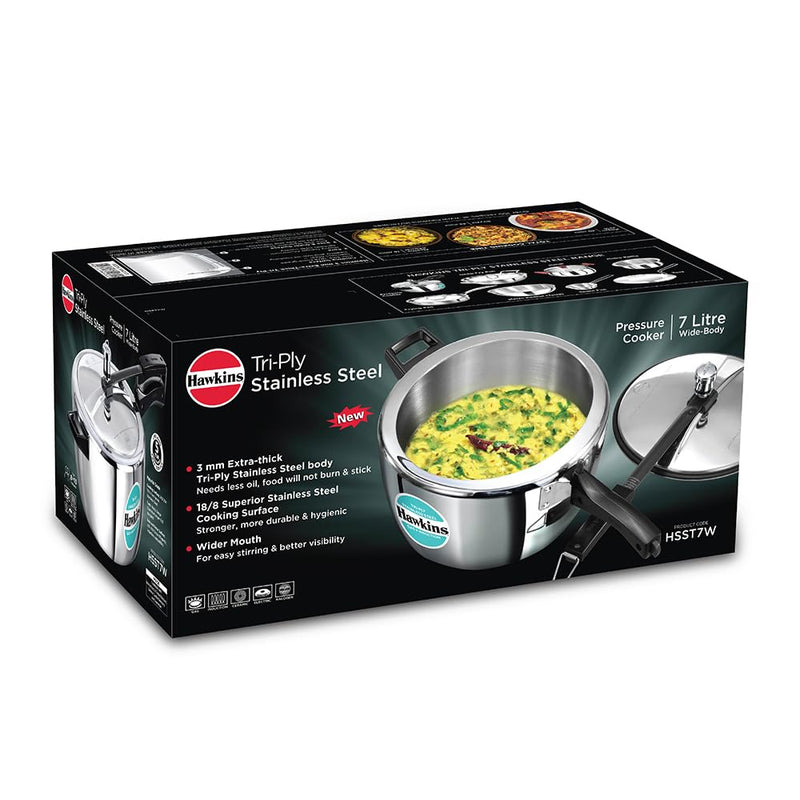 Hawkins 7 Litre Triply Stainless Steel Pressure Cooker,Wide Cooker, Inner Lid Cooker, Silver (HSST7W)