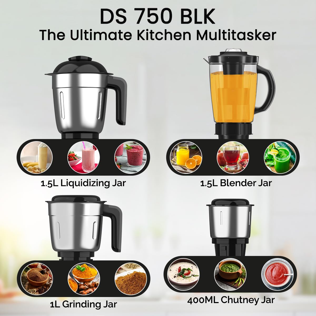 CROMPTON DS 750W Mixer Grinder- 750W Powertron Motor for faster grinding results | Motor Vent-X for durability | 4 Jars (1.5L with FF, 1.5, 1L, 0.4L) 2 Years Warranty on Product & Motor.