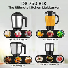 CROMPTON DS 750W Mixer Grinder- 750W Powertron Motor for faster grinding results | Motor Vent-X for durability | 4 Jars (1.5L with FF, 1.5, 1L, 0.4L) 2 Years Warranty on Product & Motor.