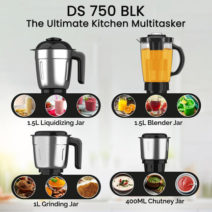 CROMPTON DS 750W Mixer Grinder- 750W Powertron Motor for faster grinding results | Motor Vent-X for durability | 4 Jars (1.5L with FF, 1.5, 1L, 0.4L) 2 Years Warranty on Product & Motor.