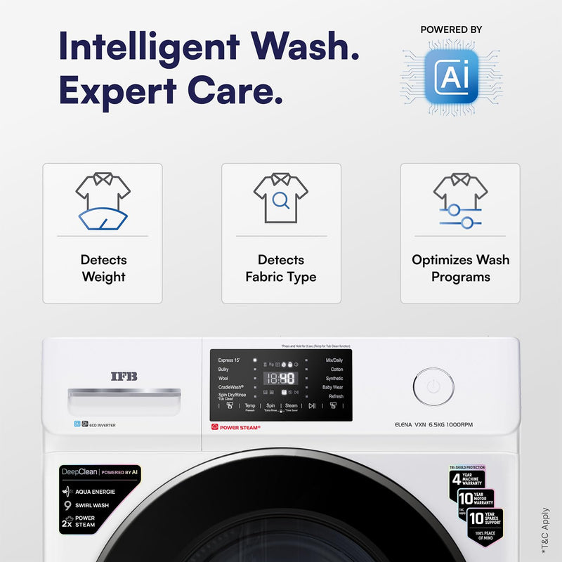 IFB 6.5 Kg 5 Star with 9 Swirl Wash, Steam Refresh, Eco Inverter Motor, DeepClean® Ai Powered Fully Automatic Front Load