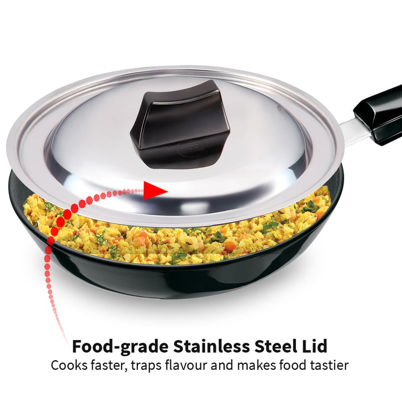 Hawkins Futura 22 cm Frying Pan, Hard Anodised Fry Pan with Stainless Steel Lid, Induction Compatible, Black