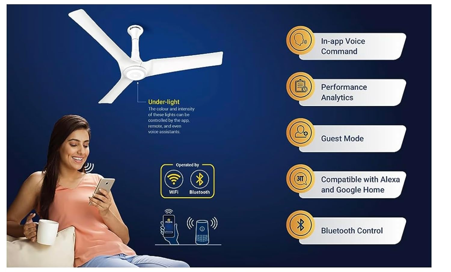 atomberg Aris Starlight 1200mm BLDC Ceiling Fan with Underlight, IoT & Remote Control | Smart Fan with Noiseless Operation (Marble White)