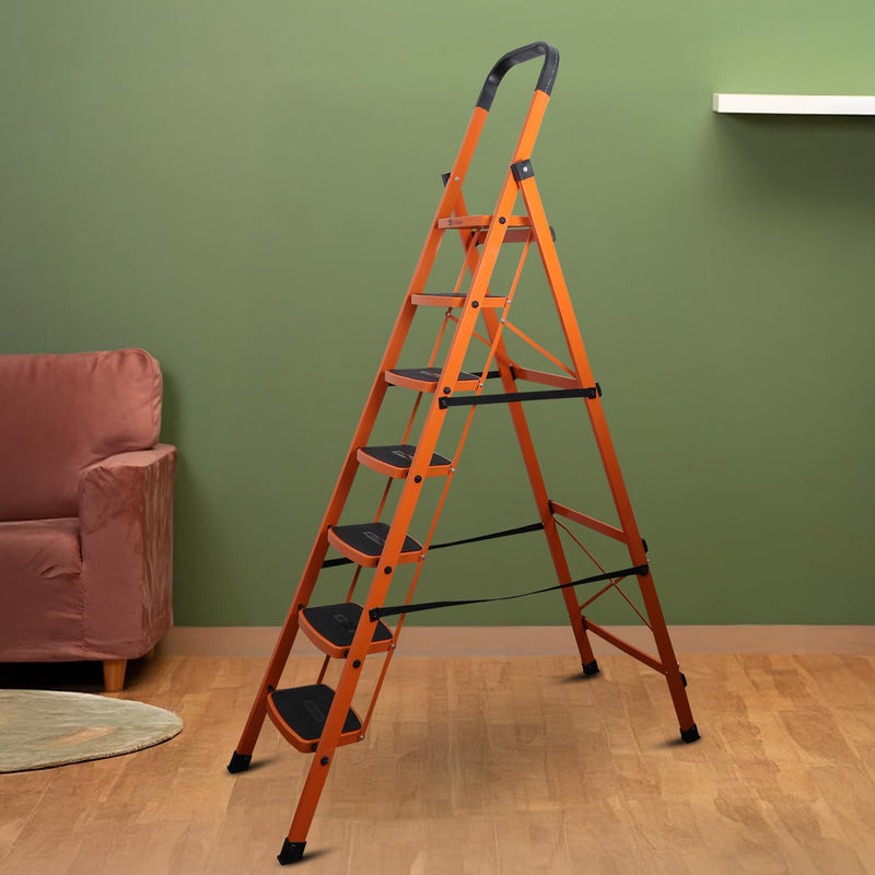 BonKaso Climb Steady Premium Alloy Steel Heavy Duty Multipurpose Foldable 5 Step Ladder with Connecting Frame & Belt Support, Load Capacity Upto 120kg | for Home and Outdoor - (Matte Black & White)