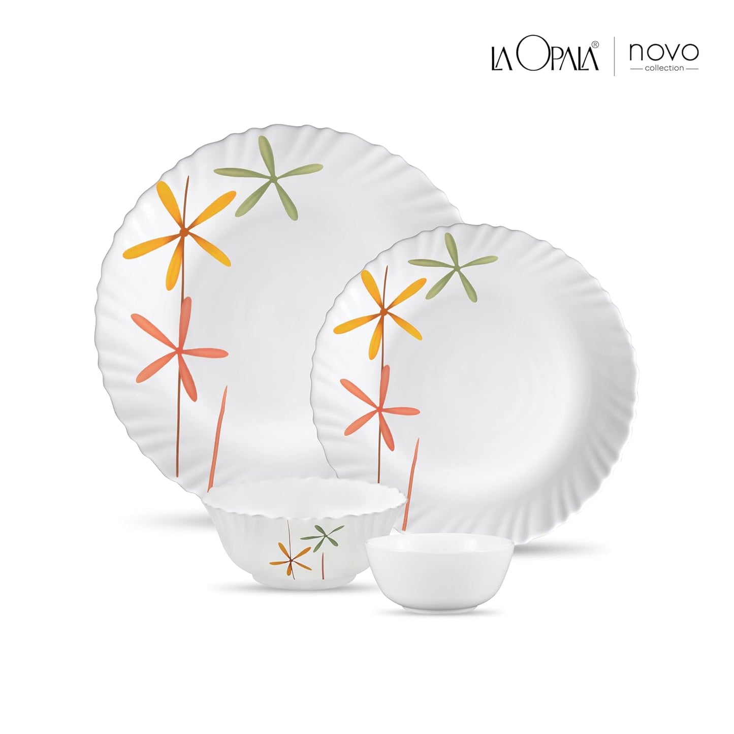 La Opala Novo Collection Opal Glass Crockery | for Family of 6 | Dinner Set 20 pcs Autumn Flower | Plates & Bowls for Dining | Microwave Safe | 100% Vegetarian | Extra Strong | Light & White