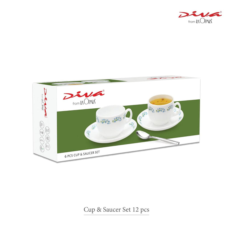 La Opala Diva, Opal Glass Crockery | Cup & Saucer Iris Regular, Set of 12 | Misty Drops, 160 ml | for Tea & Coffee | Microwave Safe | 100% Vegetarian | Extra Strong | Super Light | Super White