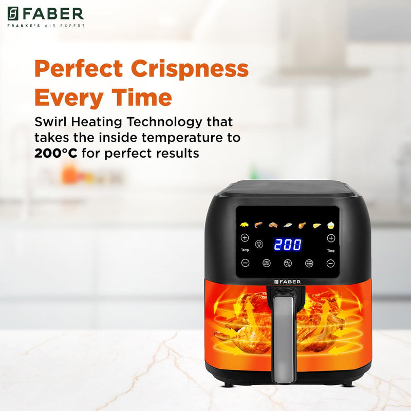 Faber 8 L 1700W Digital Air Fryer | Fry, Bake, Roast | 85% Less Oil, 200°C Swirl Heating Technology | 7-Preset Menu, Tou