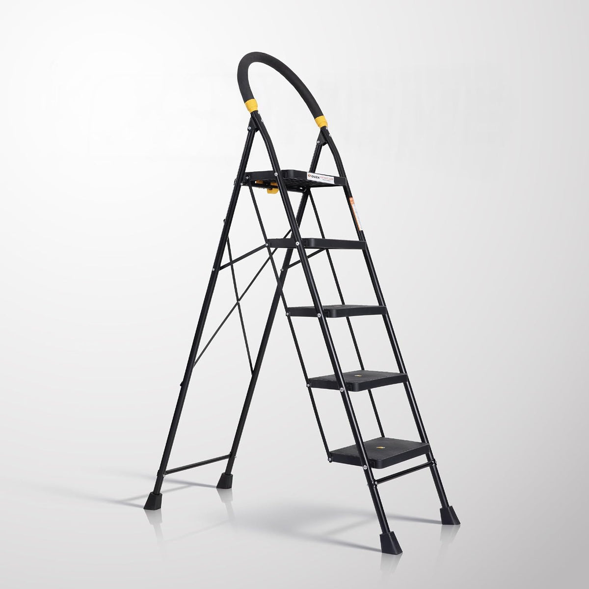 HOUZA Steel Ladder for Home 5 Steps Foldable with Anti-Skid Wide Steps (30cm x 20cm) | 5 Step Ladder for Home Use with Secure Lock | 150 Kg Load Capacity Folding Ladder | 5 Year Warranty (Black)