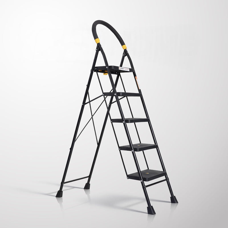 HOUZA Steel Ladder for Home 5 Steps Foldable with Anti-Skid Wide Steps (30cm x 20cm) | 5 Step Ladder for Home Use with Secure Lock | 150 Kg Load Capacity Folding Ladder | 5 Year Warranty (Black)