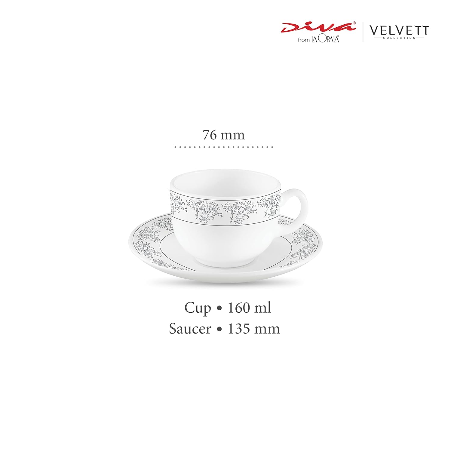 La Opala Diva, Velvett Collection Opal Glass Crockery | Cup & Saucer, Set of 12 | Aria Grey, 160 ml | for Tea & Coffee | Microwave Safe | 100% Vegetarian | Extra Strong | Super Light | Super White
