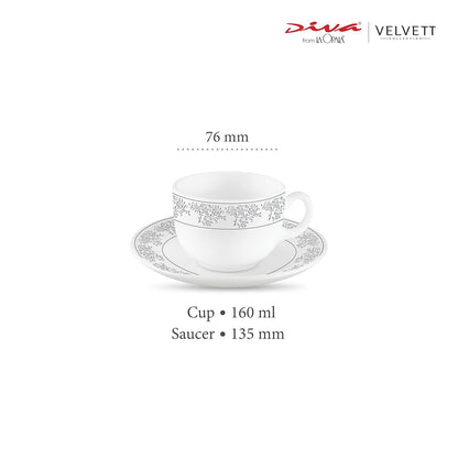 La Opala Diva, Velvett Collection Opal Glass Crockery | Cup & Saucer, Set of 12 | Aria Grey, 160 ml | for Tea & Coffee | Microwave Safe | 100% Vegetarian | Extra Strong | Super Light | Super White