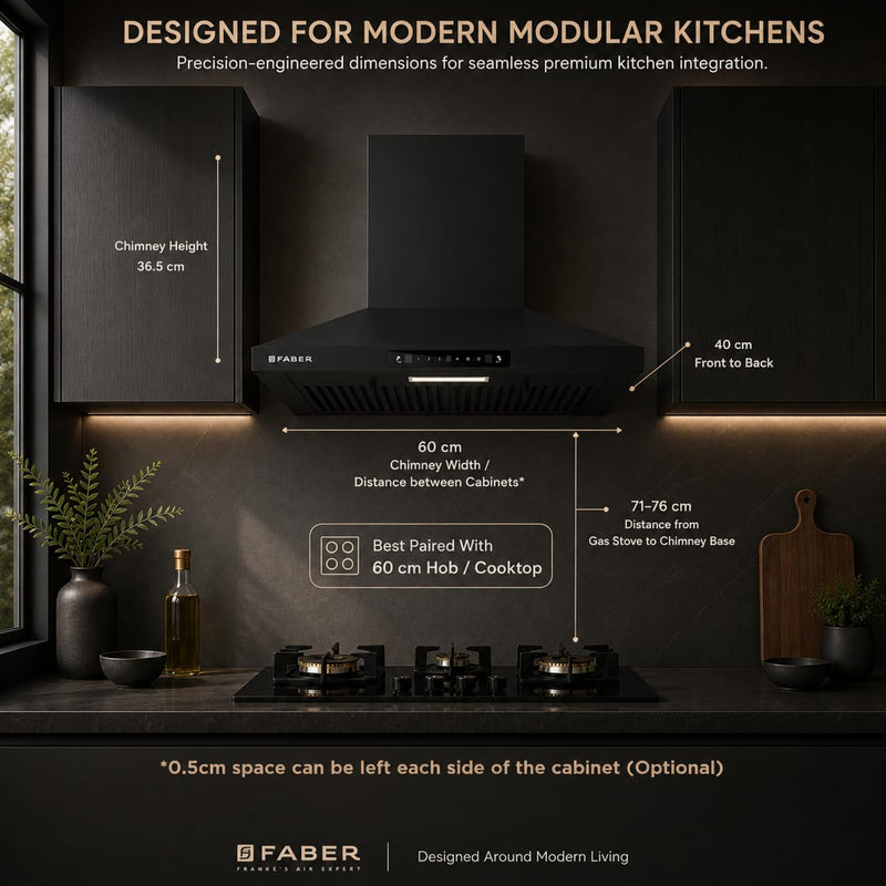 Faber Pluto 60 cm 1000 m³/hr Wall Mounted Kitchen Chimney | Baffle Filter | Touch Control | LED Lights | 1 Year Comprehe