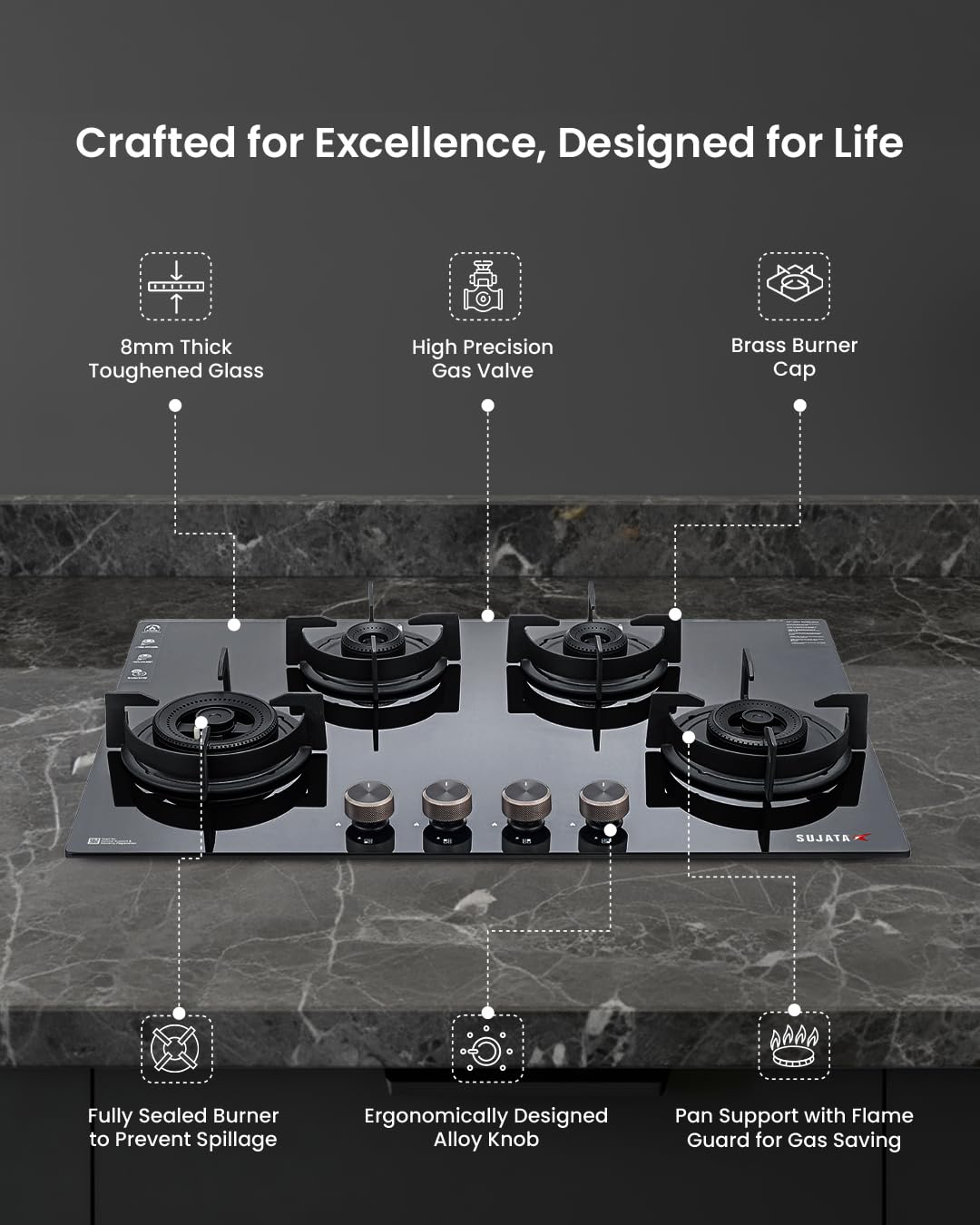 Sujata Hob Gas Stove 4 Burners Glass Top | 5 Years Warranty | 4 Burner Gas Stove Glass Top Auto Ignition, CookTop cum Hob Top, LPG & PNG Compatible, Brass Burner (Indium Auto Ignition - Black)