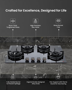 Sujata Hob Gas Stove 4 Burners Glass Top | 5 Years Warranty | 4 Burner Gas Stove Glass Top Auto Ignition, CookTop cum Hob Top, LPG & PNG Compatible, Brass Burner (Indium Auto Ignition - Black)