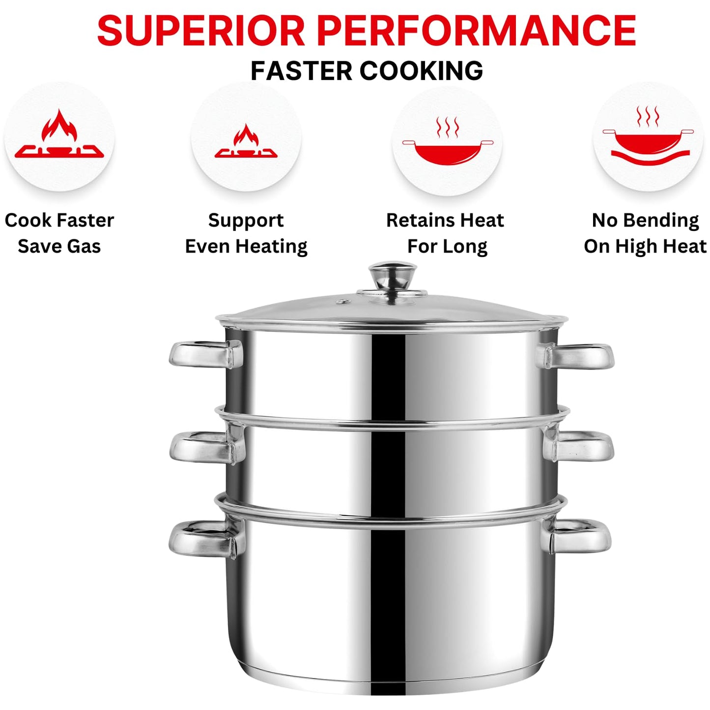 Vinod Stainless Steel 3-Tier Steamer – 20 cm | Momo & Modak Maker | Vegetable Steamer with Glass Lid & Riveted Handles | Induction & Gas Compatible, Silver