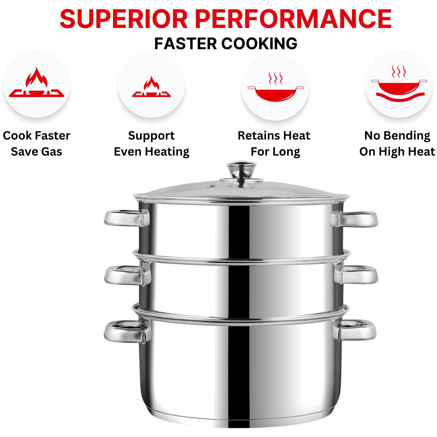 Vinod Stainless Steel 3-Tier Steamer – 20 cm | Momo & Modak Maker | Vegetable Steamer with Glass Lid & Riveted Handles | Induction & Gas Compatible, Silver