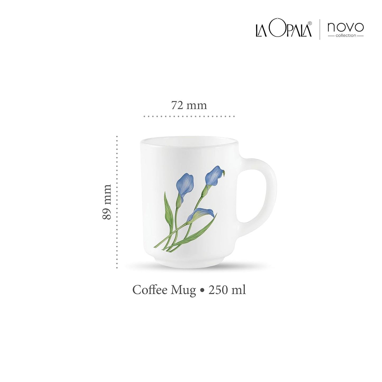 La Opala, Novo Collection Opal Glass Crockery | Coffee Mug Grace Medium, Set of 6 | Tender Trio, 250 ml | for Tea & Coffee | Microwave Safe | 100% Vegetarian | Extra Strong | Super Light & White