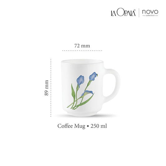 La Opala, Novo Collection Opal Glass Crockery | Coffee Mug Grace Medium, Set of 6 | Tender Trio, 250 ml | for Tea & Coffee | Microwave Safe | 100% Vegetarian | Extra Strong | Super Light & White