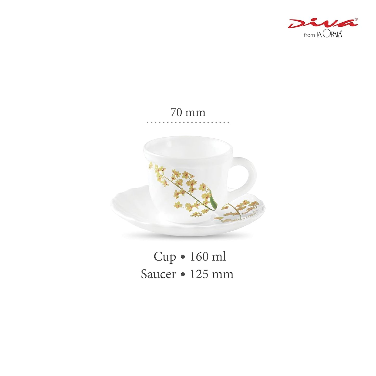 La Opala Diva, Opal Glass Crockery | Cup & Saucer Tulip Regular, Set of 12 | Yellow Grace, 160 ml | for Tea & Coffee | Microwave Safe | 100% Vegetarian | Extra Strong | Super Light | Super White