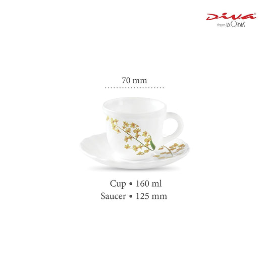 La Opala Diva, Opal Glass Crockery | Cup & Saucer Tulip Regular, Set of 12 | Yellow Grace, 160 ml | for Tea & Coffee | Microwave Safe | 100% Vegetarian | Extra Strong | Super Light | Super White