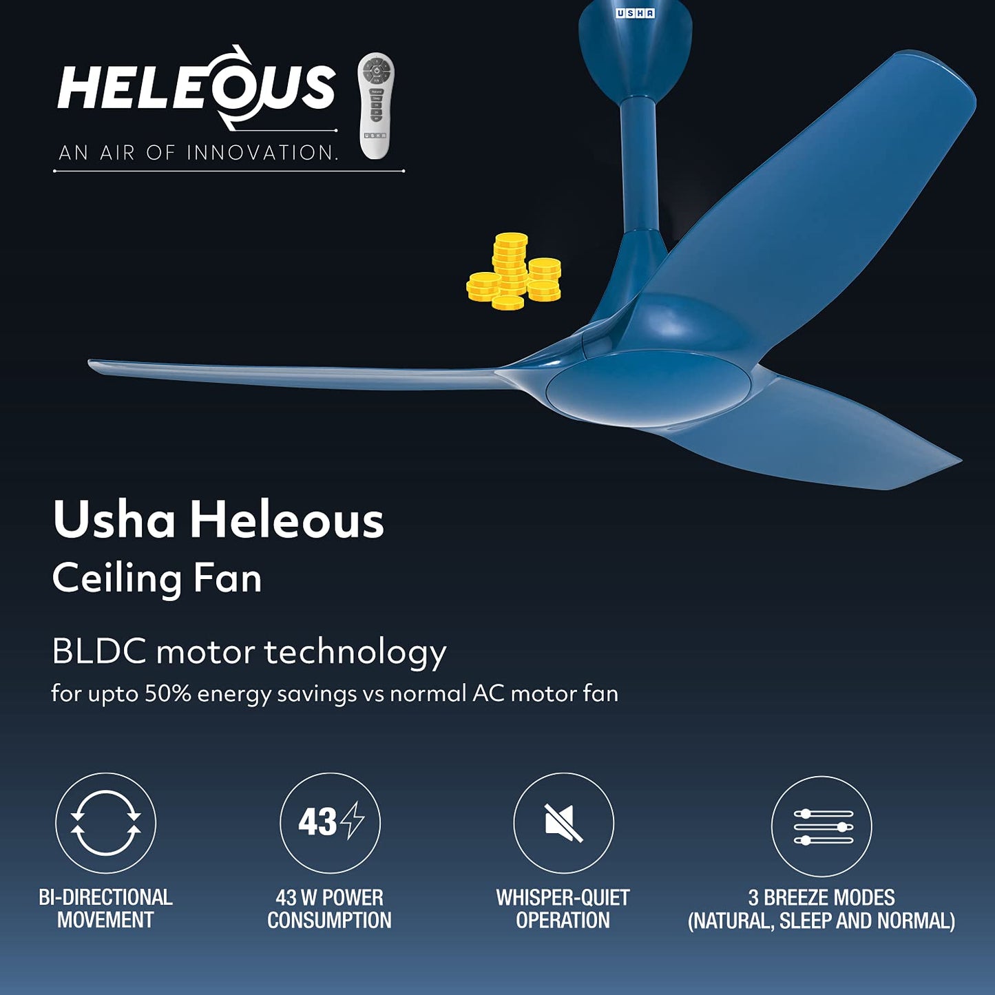 USHA Heleous 1220mm Premium BLDC Ceiling Fan with Rust Free ABS Blades and RF Remote (Imperial Blue) Pack of 1