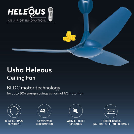 USHA Heleous 1220mm Premium BLDC Ceiling Fan with Rust Free ABS Blades and RF Remote (Imperial Blue) Pack of 1