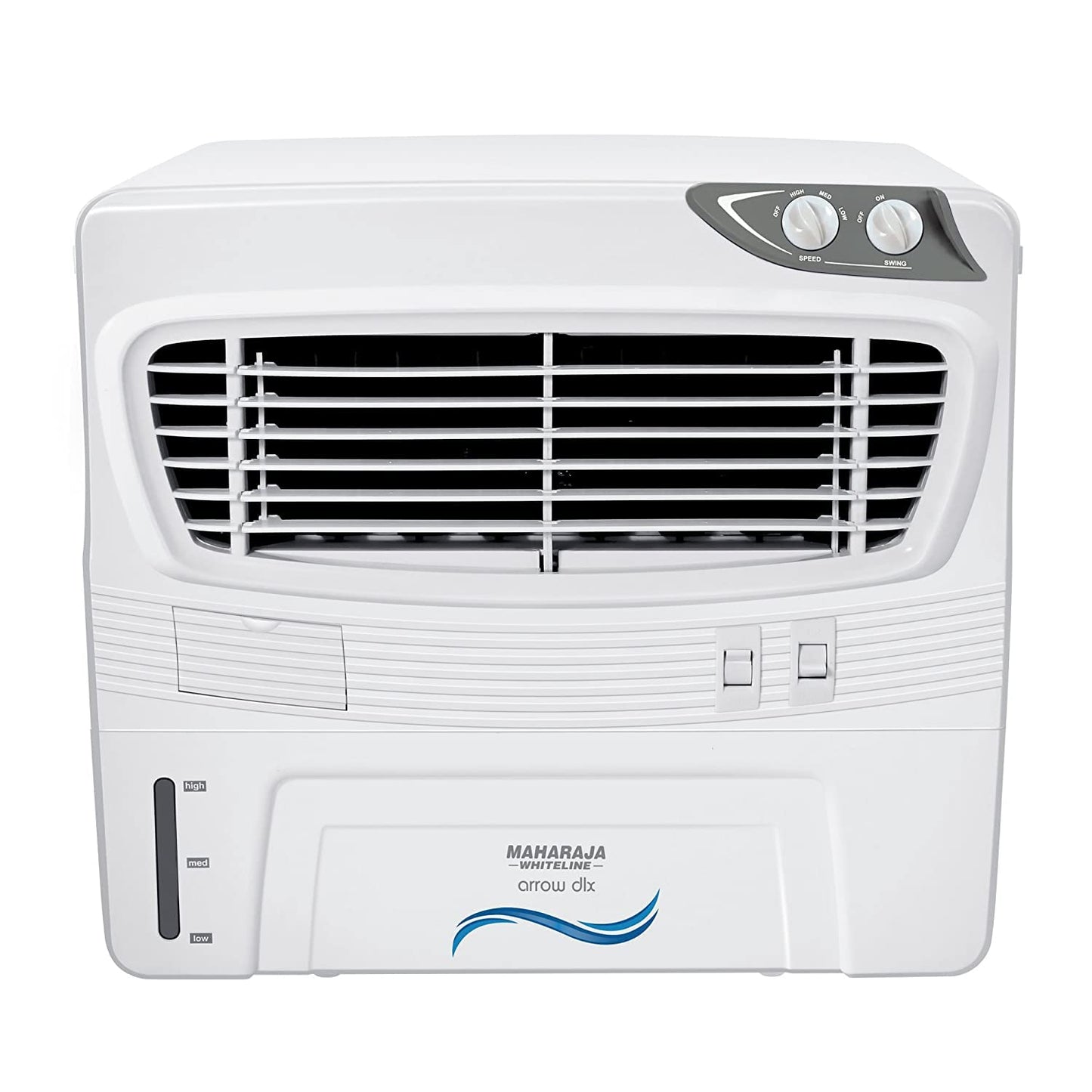 Maharaja Whiteline Arrow Deluxe Personal Air Cooler | 50 Litre Water Tank | High Delivery Rate of 2500CMH | Air Flow of 10.67 Meters | Air Cooler | 715x595x615 mm | White and Grey | 2 Yr Warranty