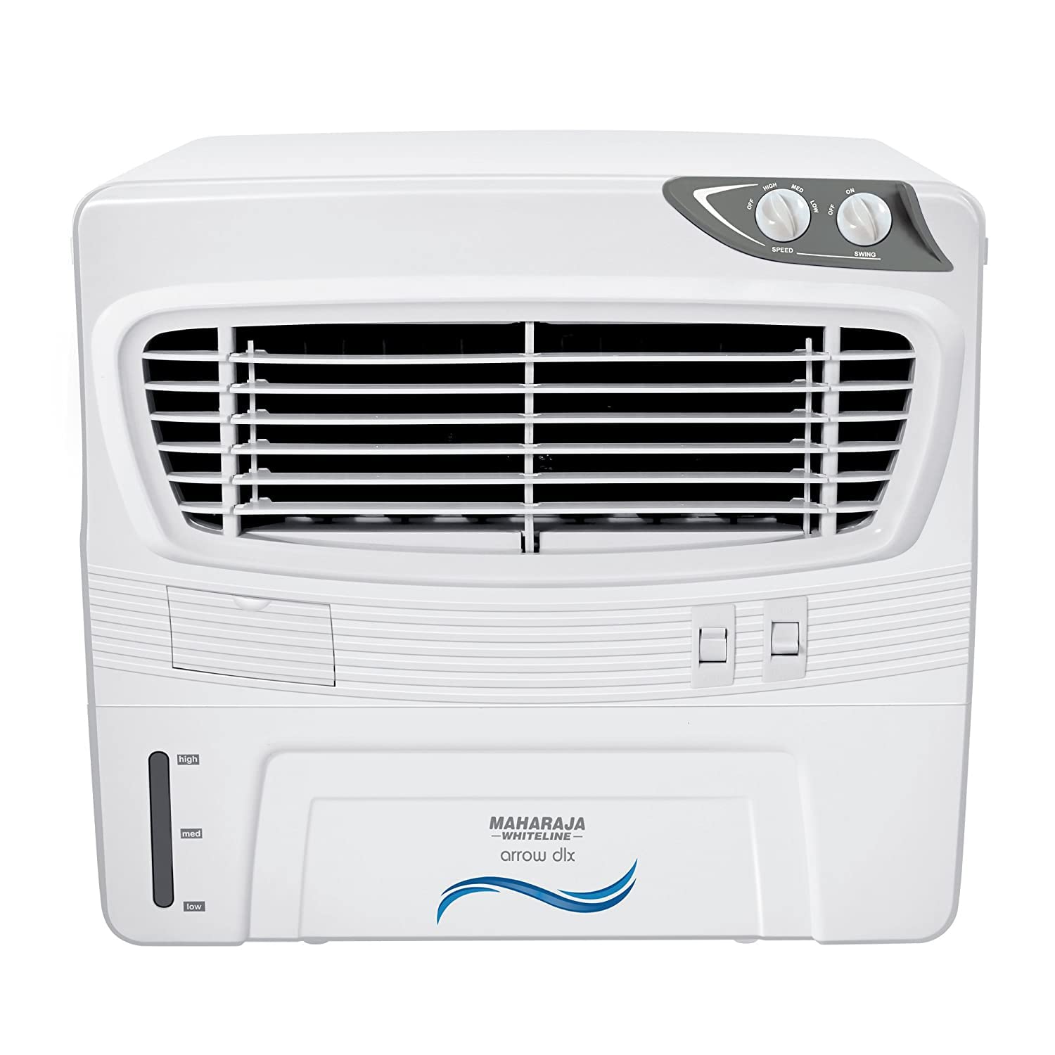 Maharaja Whiteline Arrow Deluxe Personal Air Cooler | 50 Litre Water Tank | High Delivery Rate of 2500CMH | Air Flow of 10.67 Meters | Air Cooler | 715x595x615 mm | White and Grey | 2 Yr Warranty