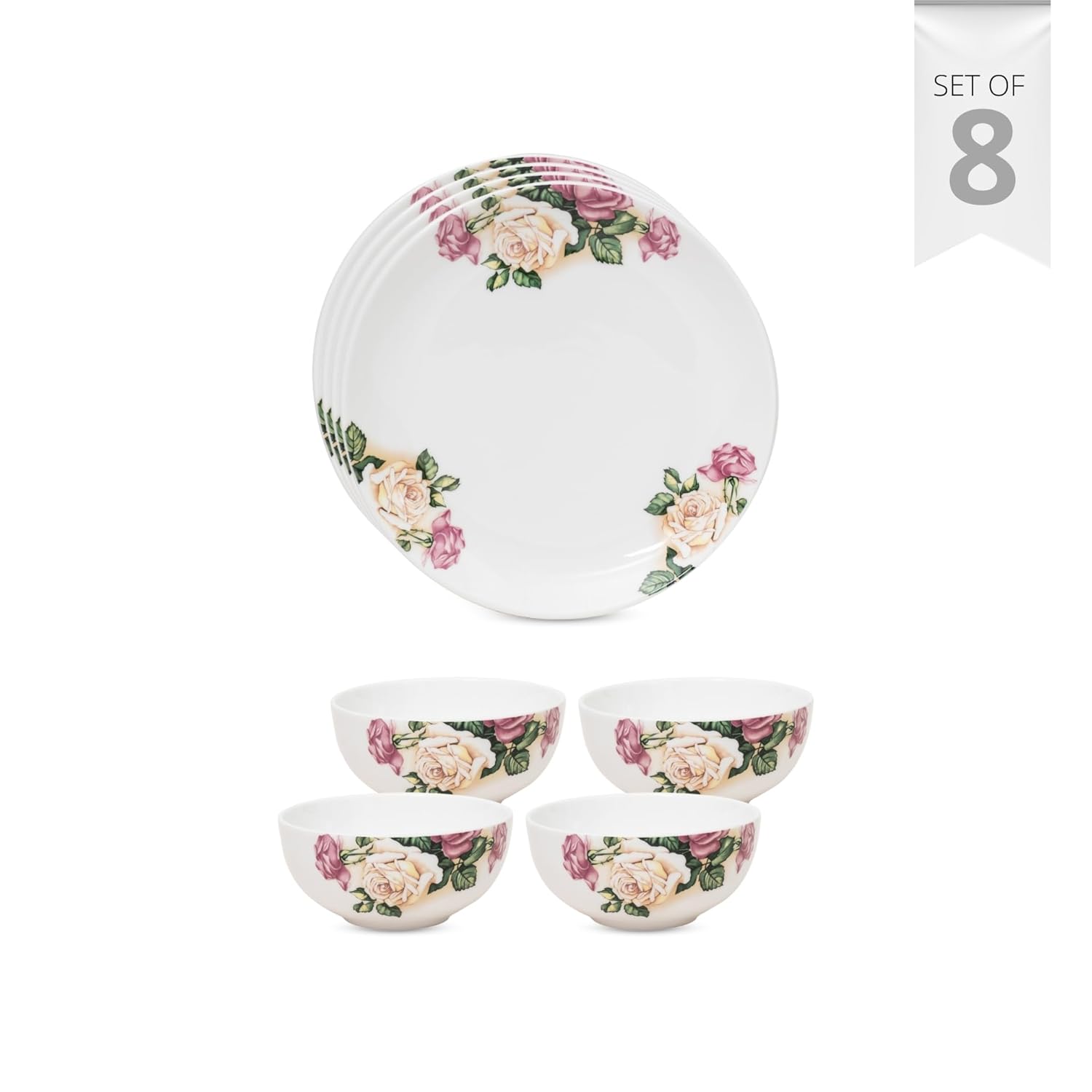 Clay Craft Fine Ceramic Eco5 Printed Dinner Set (Set of 8), for Family of 4, Dining Set for Dinner, Crockery Set for Gift, Kitchen Set for Home, Daily Use, Multicolor