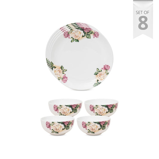 Clay Craft Fine Ceramic Eco5 Printed Dinner Set (Set of 8), for Family of 4, Dining Set for Dinner, Crockery Set for Gift, Kitchen Set for Home, Daily Use, Multicolor