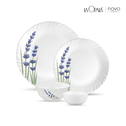 La Opala Novo Collection Opal Glass Crockery | for Family of 6 | Dinner Set 20 pcs English Lavender | Plates & Bowls for Dining | Microwave Safe | 100% Vegetarian | Extra Strong | Light & White