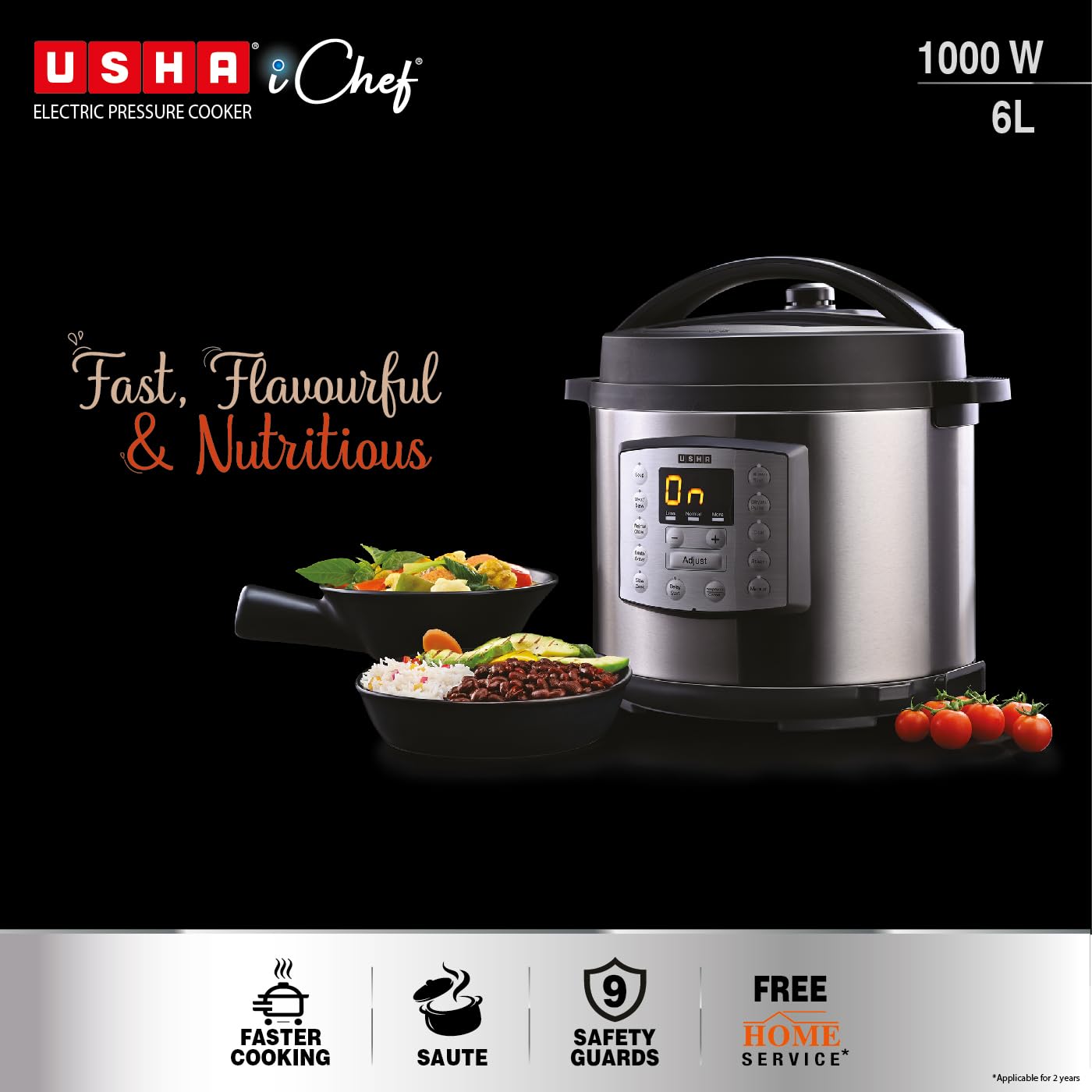 Usha iChef 6 Litre Electric Pressure Cooker | 1000W | 10 Indian Preset Menu | Keep Warm Fuction | Delay Timer | Slow Cooker | Automatic Rice Cooker, Steamer & More (Stainless Steel)|