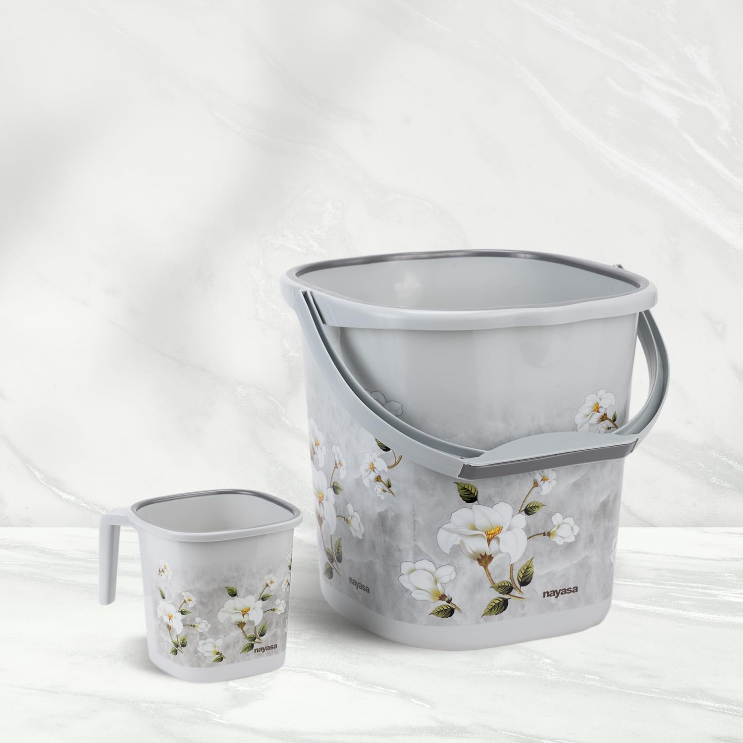 Nayasa Square Ring Marble Plastic Bucket Set for Bathroom | Bucket and Mug (18 Liters & 1.5 Liters) | Bathroom Set of 2 | Bathroom Accessories Set | Grey