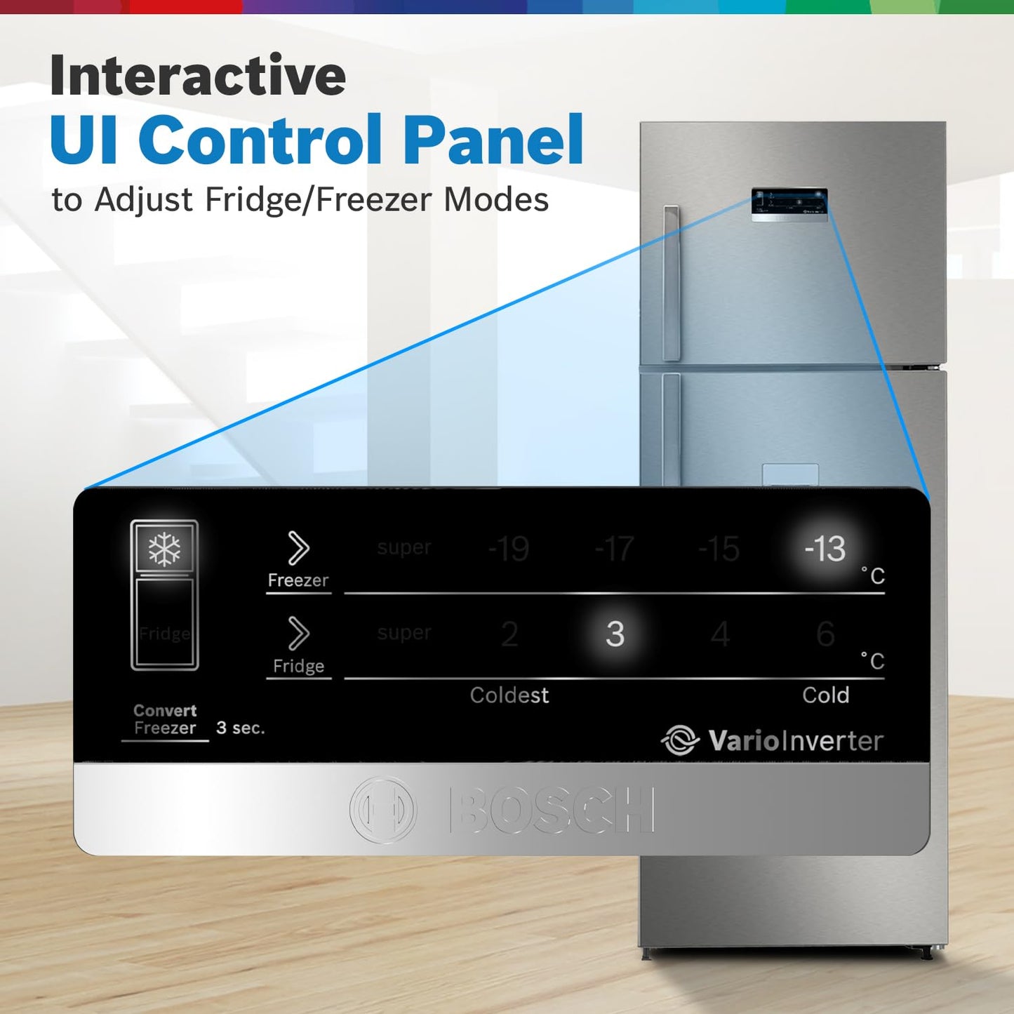 BOSCH Max Convert 368L, 3-Star, Inverter Frost Free Double Door Refrigerator With Water Dispenser (CTC39S03DI, 6-in-1 Convertible, VitaFresh Technology, 2 Cooling System, Shiny Silver)