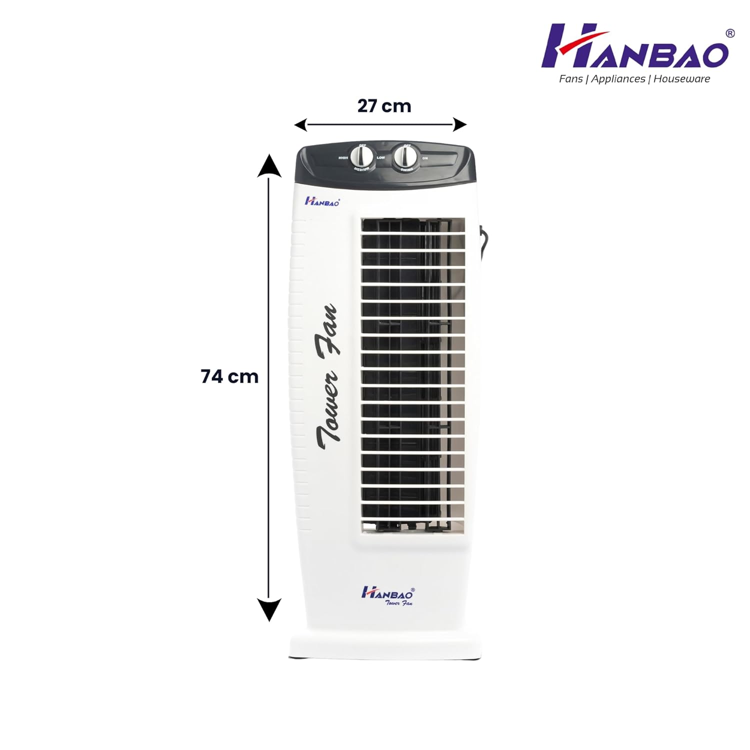 HANBAO high speed Tower Fan with TOP safety motor, 3 Speed - 2 Way Air Deflection, High air throw, REGULAR, 12 months warranty